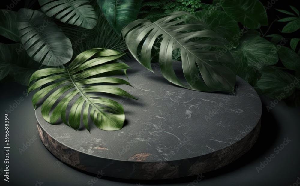 Close up of round empty rock table with sunlight with tropical leaves plants, mockup