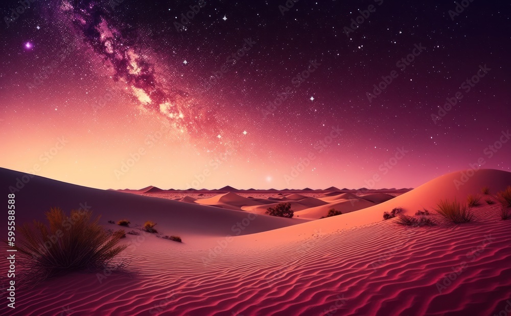 Desert Landscape with Sand Dunes and Pink Gradient Starry Sky