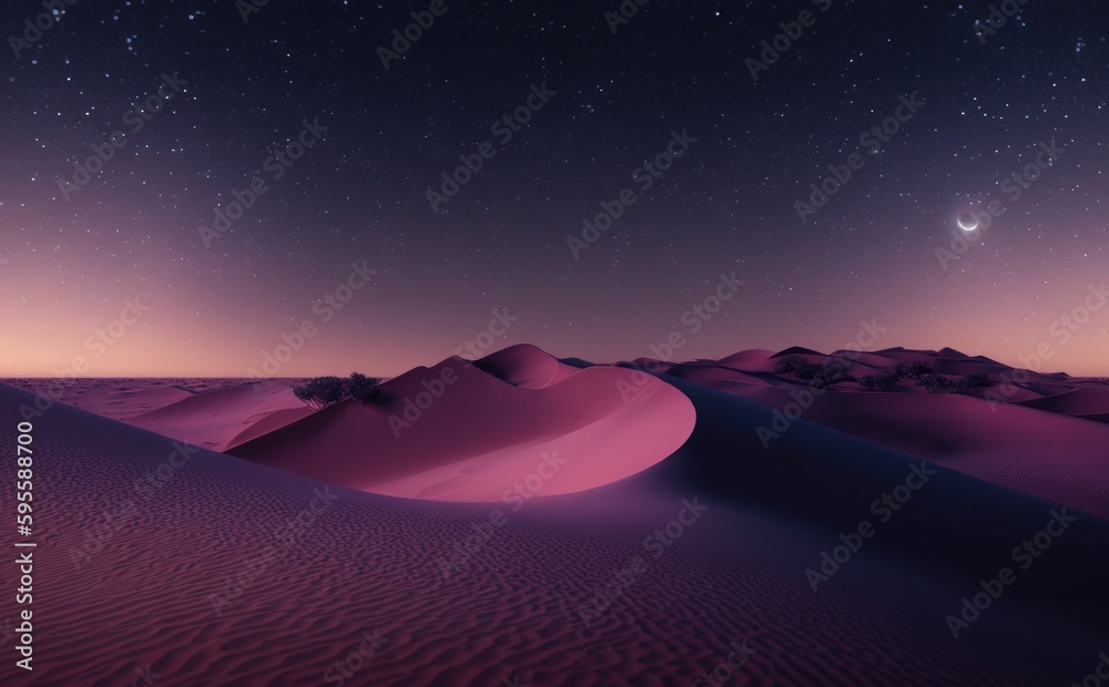 Desert Landscape with Sand Dunes and Pink Gradient Starry Sky