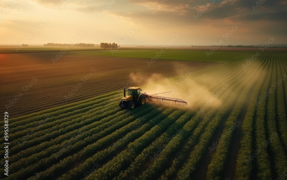 Farmer on a tractor spraying pesticides on a green soybean plantation at sunset