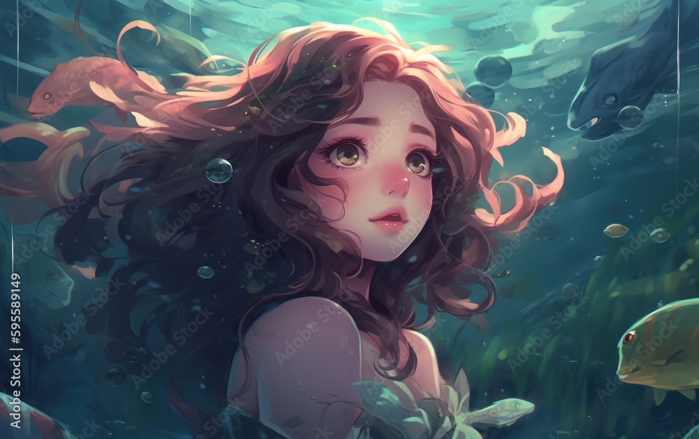 A girl with long hair swims under water. Anime style, wallpaper