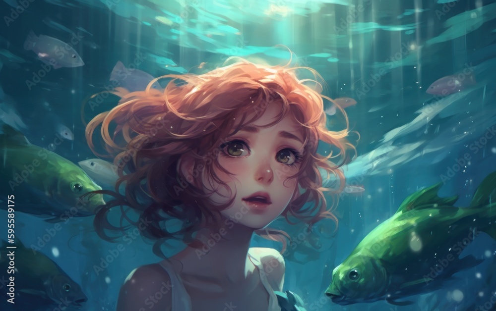 A girl with long hair swims under water. Anime style, wallpaper