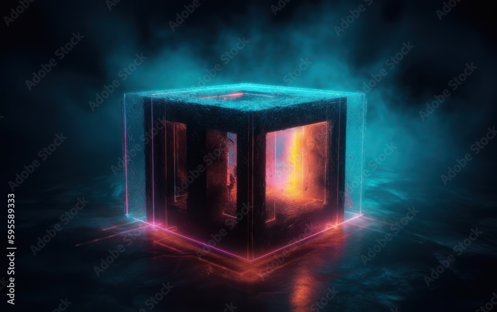 Abstract wallpaper neon cube in fog