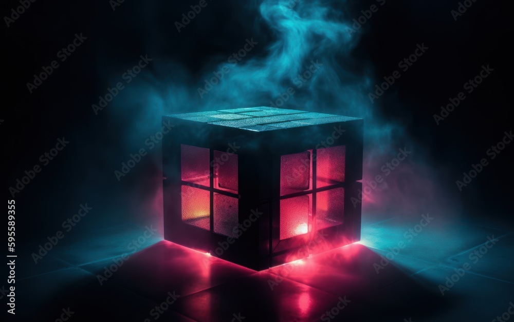 Abstract wallpaper neon cube in fog