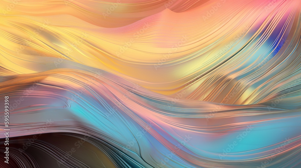 Wavy holographic foil. Neon gradient crumpled surface. Dreamy Y2K background. Generative AI