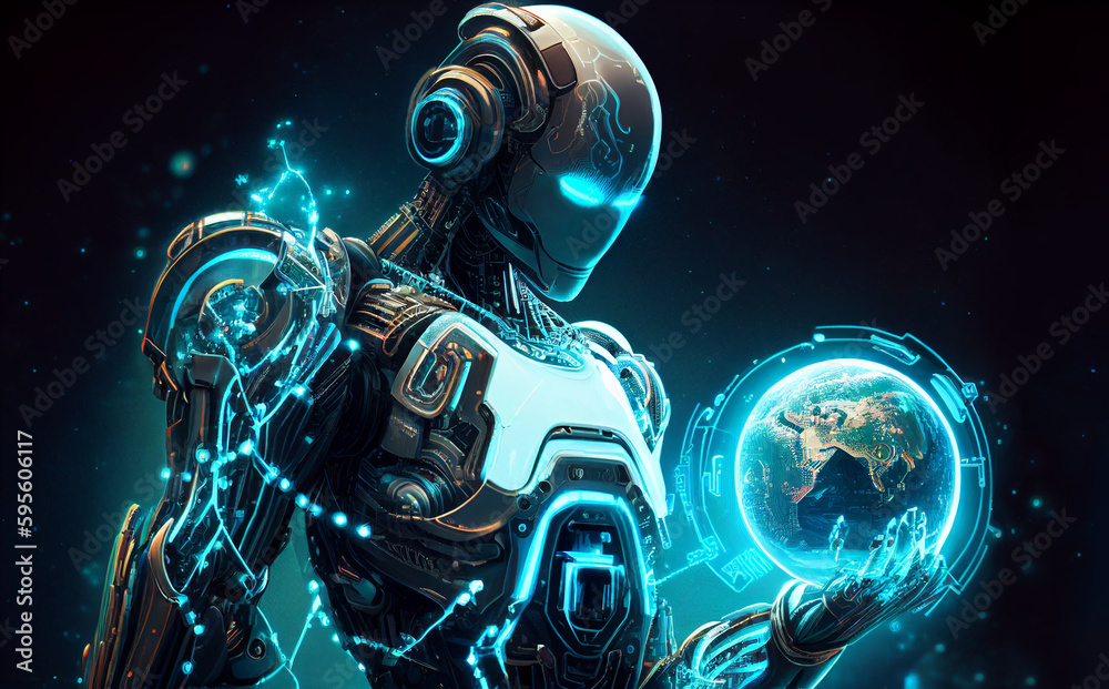 AI Artificial intelligence humanoid with Blue vibrant neon holding planet Earth on hand, Artificial 