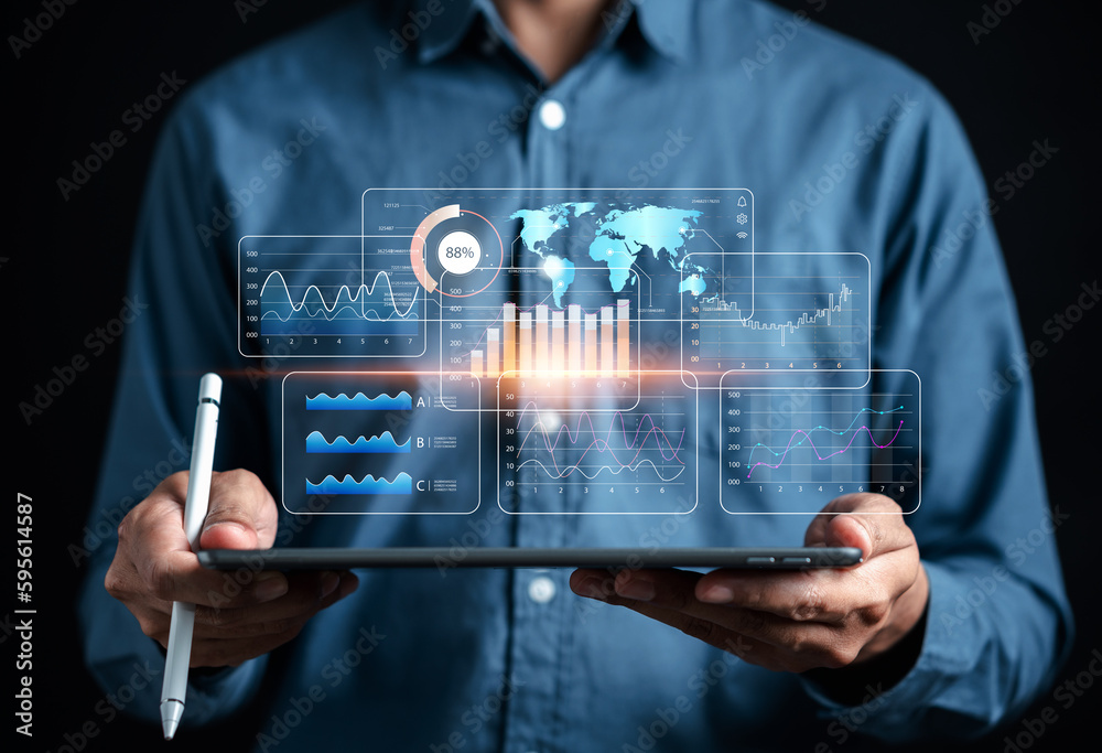 Data Analysis working in Business Management System via smartphone to make report with KPI connected