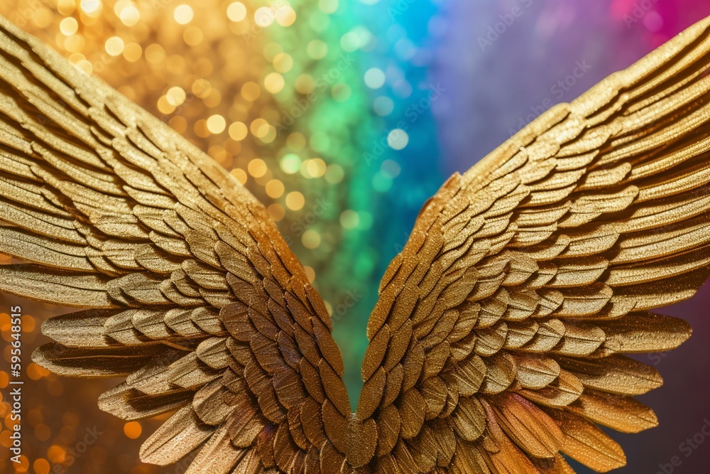 Golden angel wings against a rainbow energy backdrop symbolize seeking help from your guardian angel