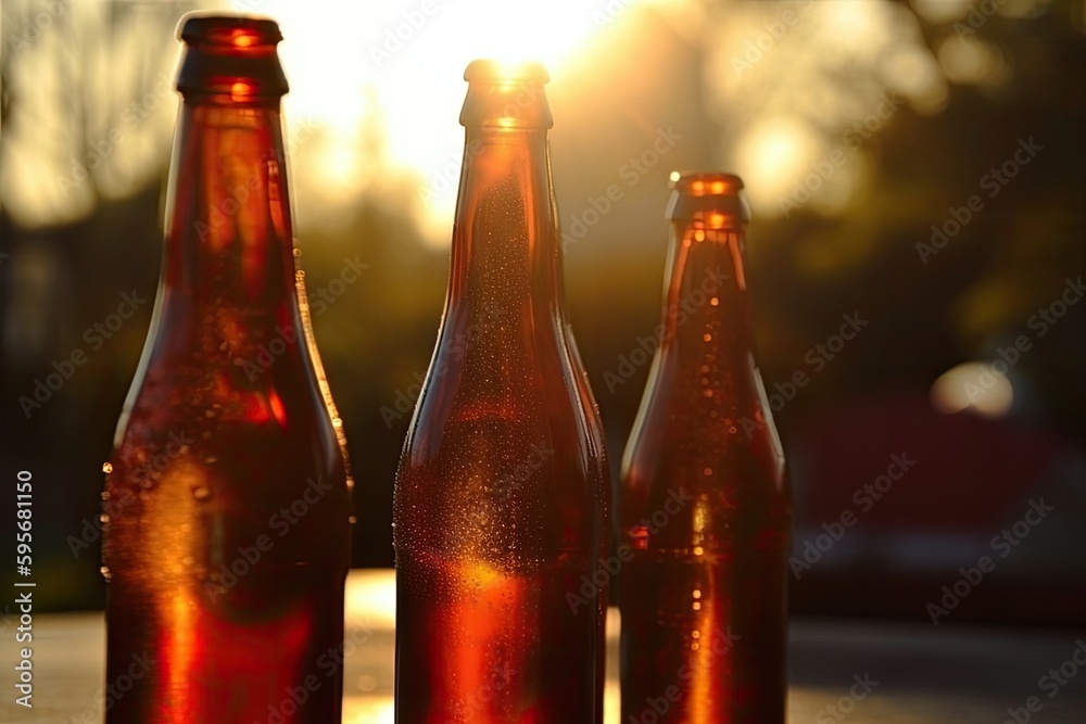 Illustration of three bottles of craft beer on a wooden table with hop cones and a frothy head. Gene