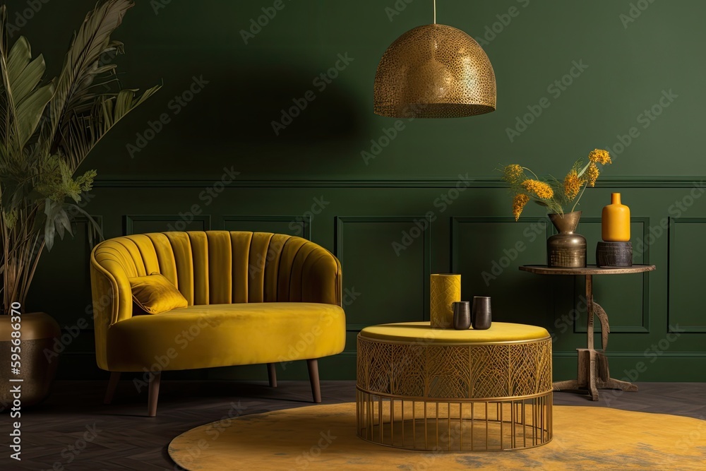 cozy living room with green walls and a pop of yellow in the form of a statement chair. Generative A