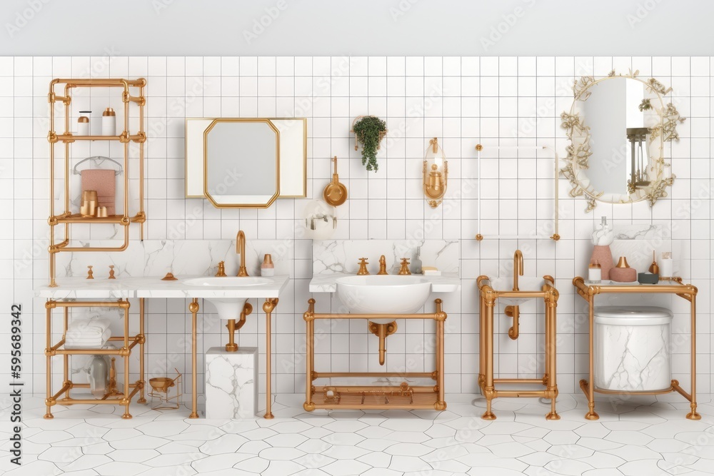 modern bathroom with sink, mirror, toilet, and storage shelves. Generative AI