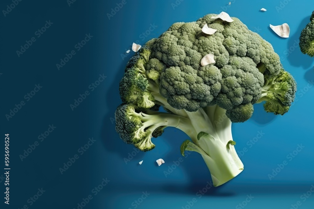 single broccoli floret against a blue background. Generative AI