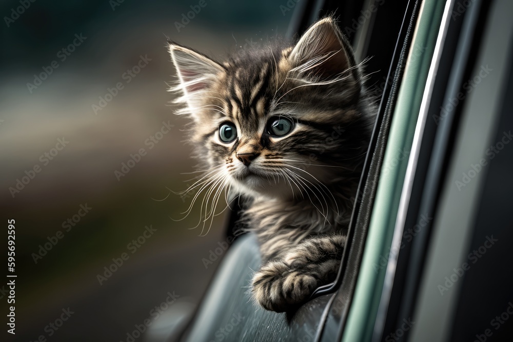 curious kitten peering out of a car window on a sunny day. Generative AI