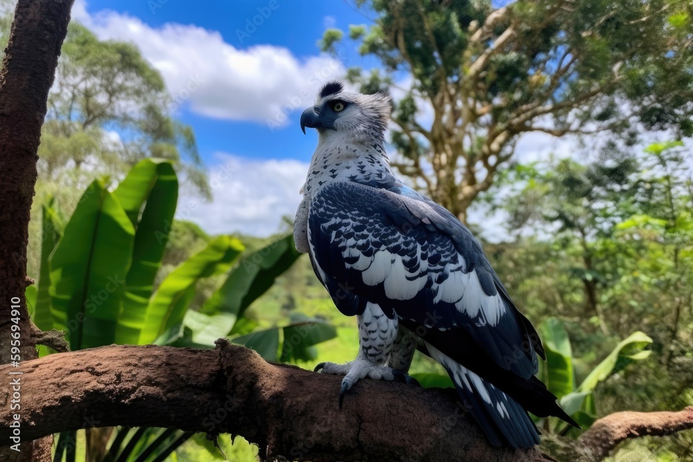 majestic bird perched on a branch of a tree. Generative AI