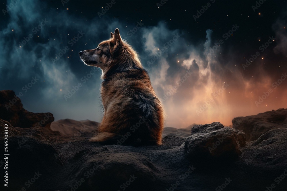 Canine in cosmic environment with luminous gas clouds, celestial bodies, sparkle. Generative AI