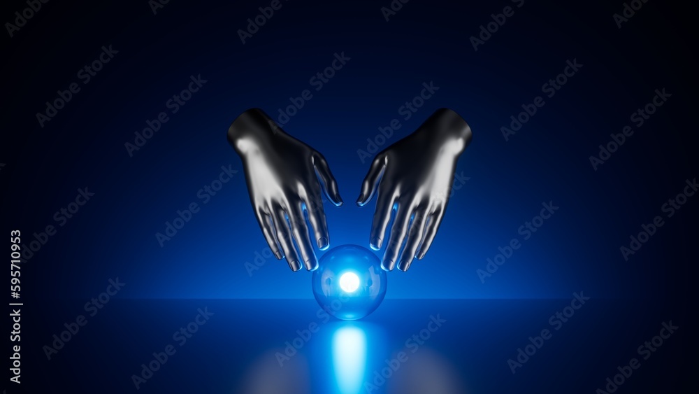 3d render, abstract blue background, metallic human arms, bright neon light inside the clear glass b