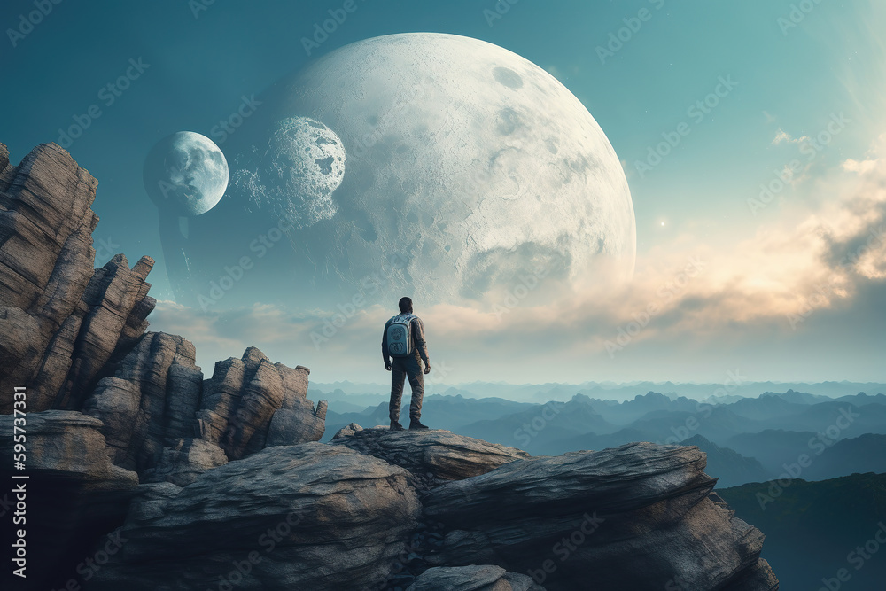 A man stands on the cliff and watches the background of the desert and universe planets surrounded b