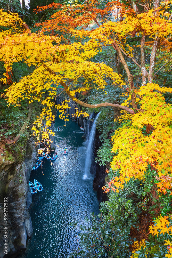 Miyazaki, Japan - Nov 24 2022: Takachiho Gorge is a narrow chasm cut through the rock by the Gokase 