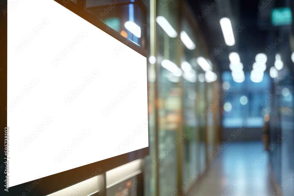 Blank white light box advertisement and supermarket blur background