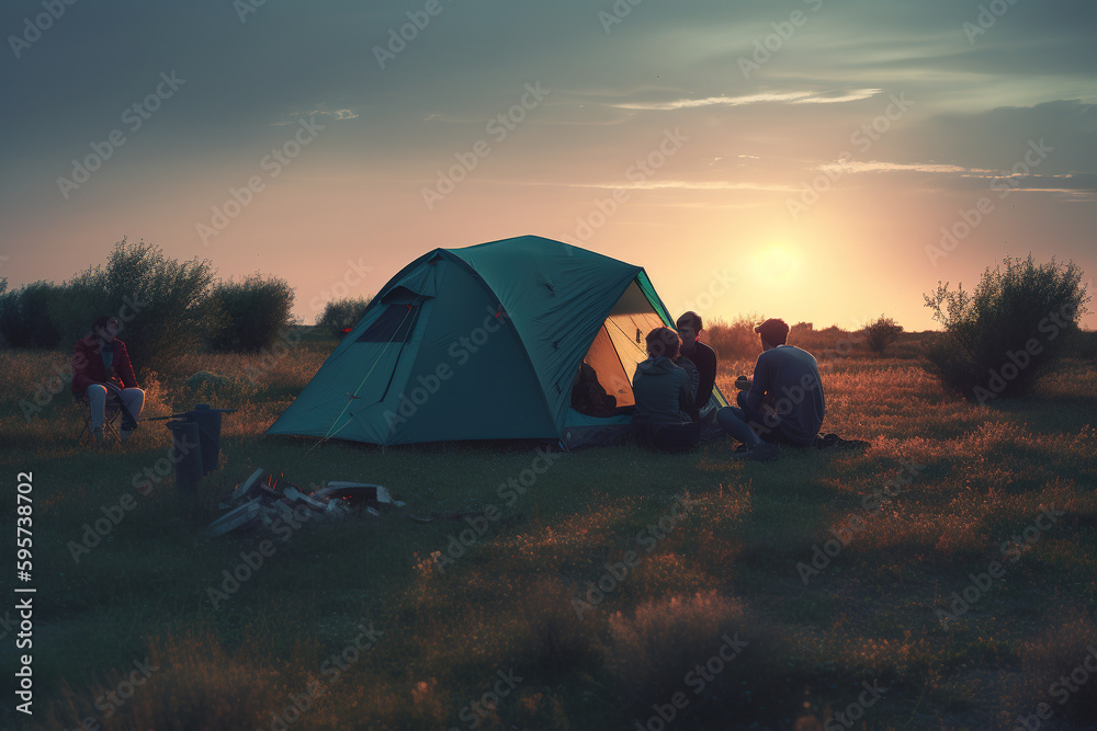 Romantic couples and cute dogs who relax their body and mind in camping. Burning the bonfire with mo