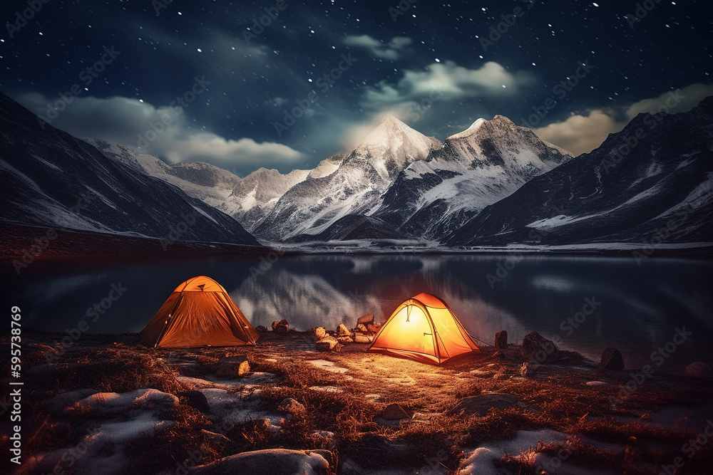 AI Night Snowy Mountain Tent Camp