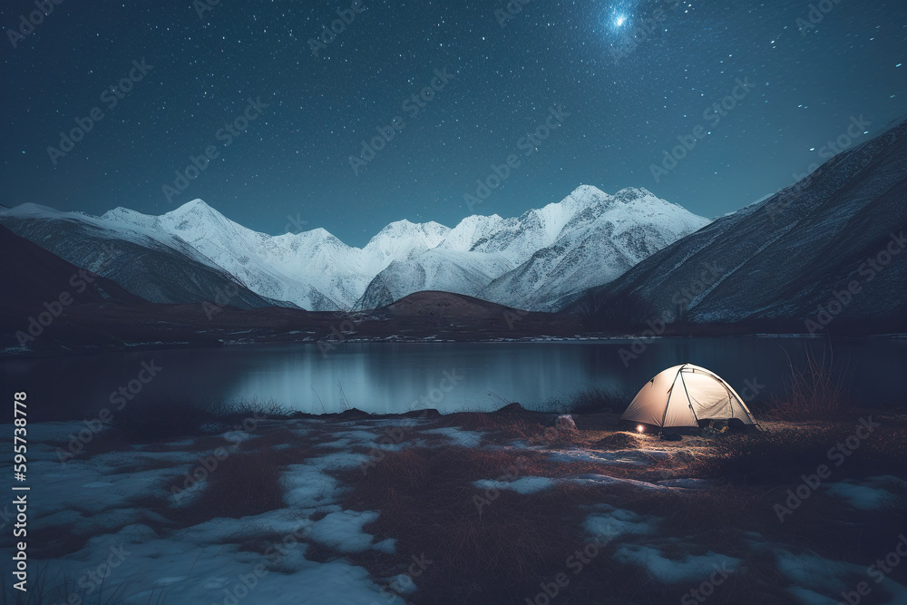 AI Night Snowy Mountain Tent Camp