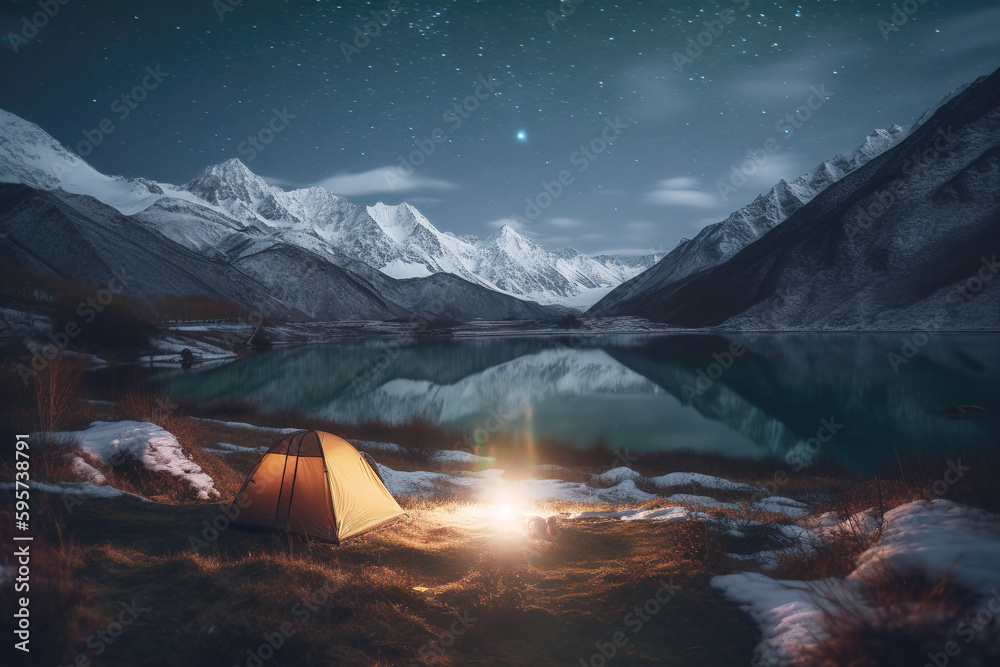 AI Night Snowy Mountain Tent Camp