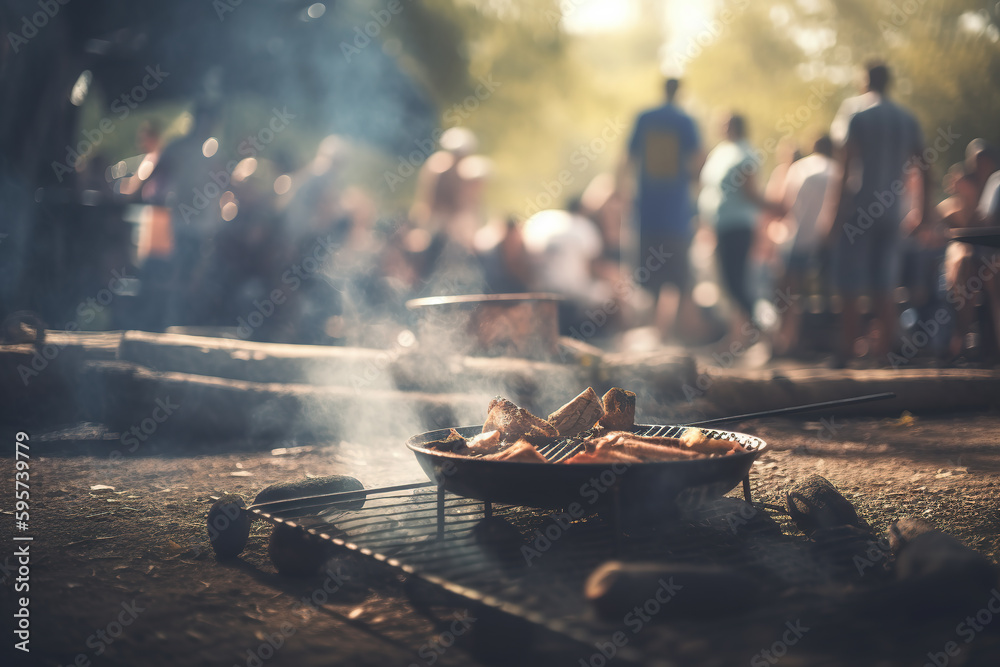 Baked beef smoke and flames on the grill