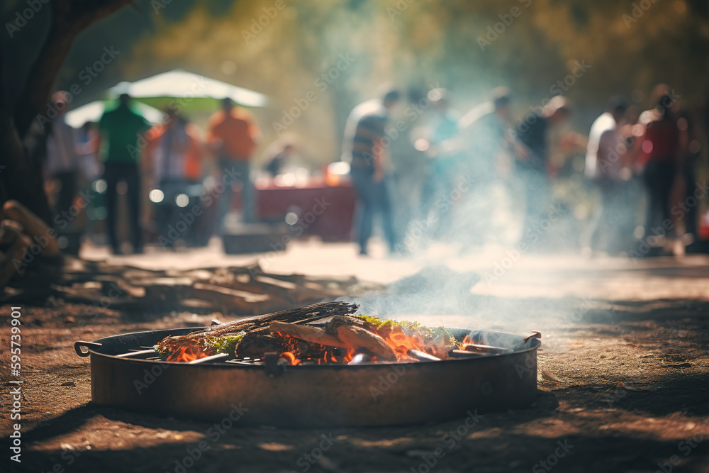 Baked beef smoke and flames on the grill