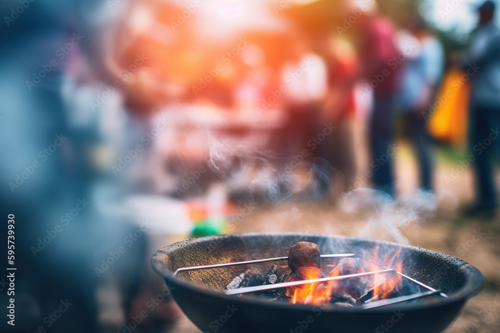 Baked beef smoke and flames on the grill