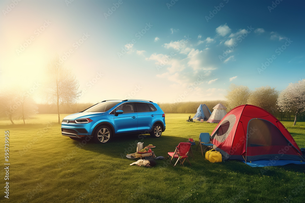 Adventure, tents and cars in the park forest. Outdoor landscape in the morning