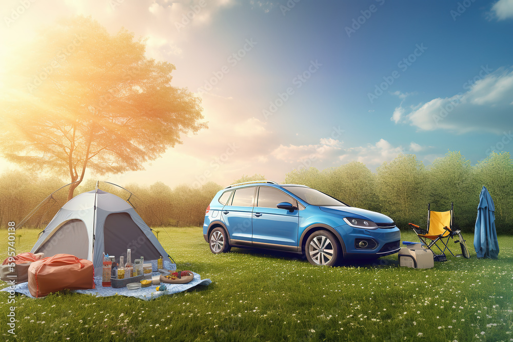 Adventure, tents and cars in the park forest. Outdoor landscape in the morning