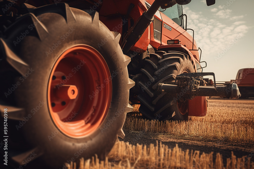 The harvester on the autumn farm