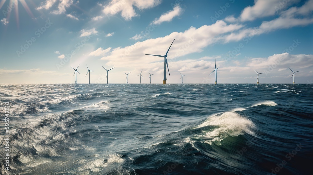 Offshore Windmill farm in the ocean, windmills isolated at sea on a sunny day. Generative AI