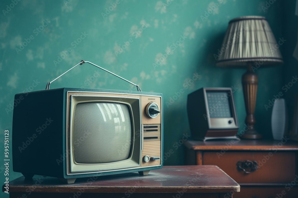 Vintage TV on pastel blue wall, classy and old-fashioned. Generative AI