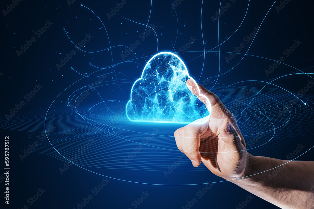 Close up of male hand pointing at digital polygonal cloud with lines on blue background. Cloud stora