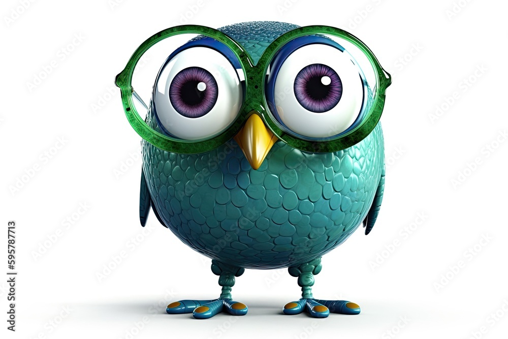 cute blue and green owl with big expressive eyes. Generative AI