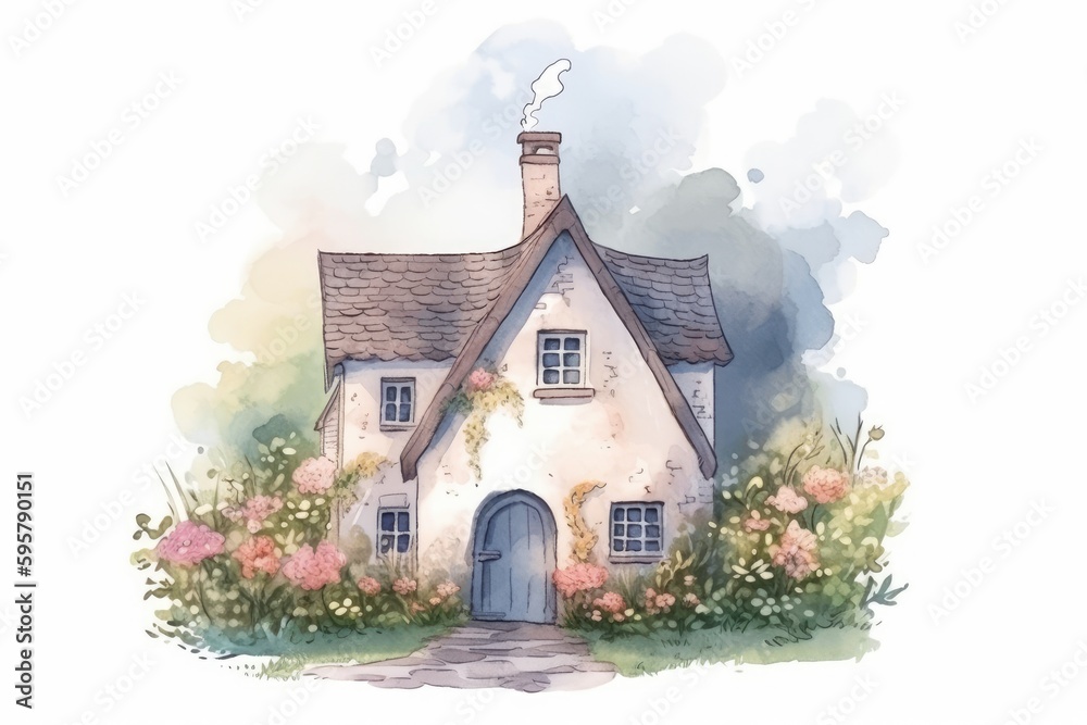 charming house surrounded by colorful flowers in a watercolor painting. Generative AI