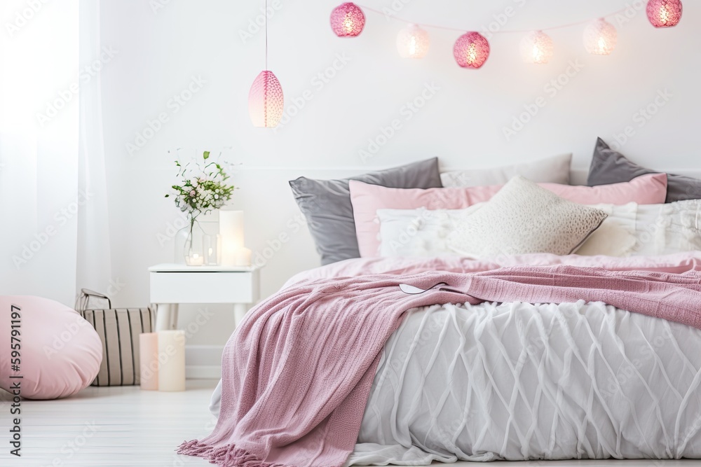 cozy bed with pink bedding and pillows. Generative AI