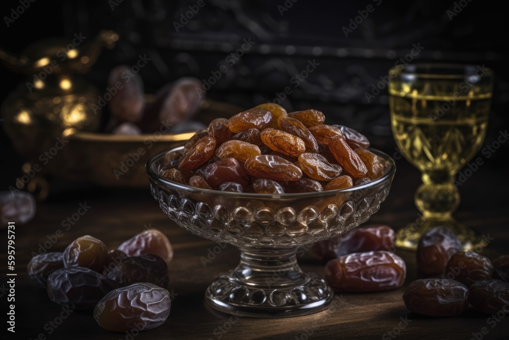 glass bowl filled with raisins next to a wine glass on a wooden table. Generative AI