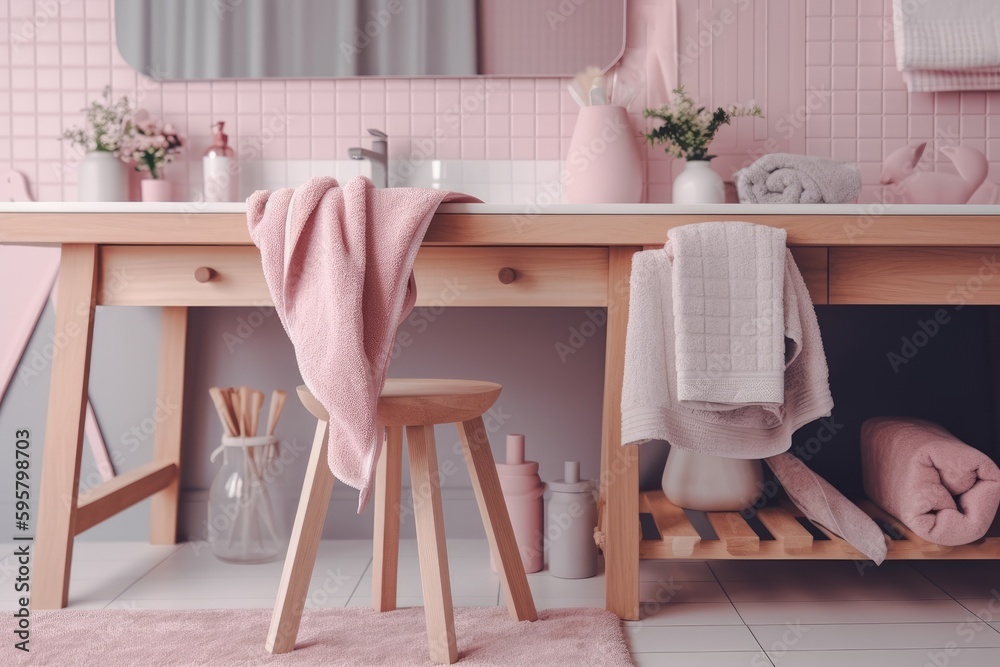 cozy pink bathroom with a rustic wooden vanity and stool. Generative AI