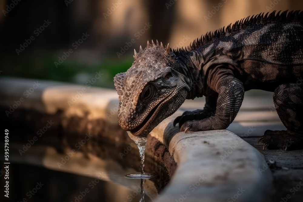 close-up view of a thirsty lizard drinking water from a surface. Generative AI