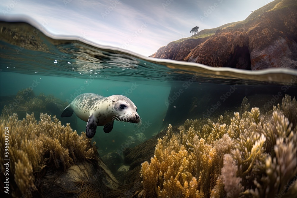 playful sea lion swimming among vibrant coral reef. Generative AI