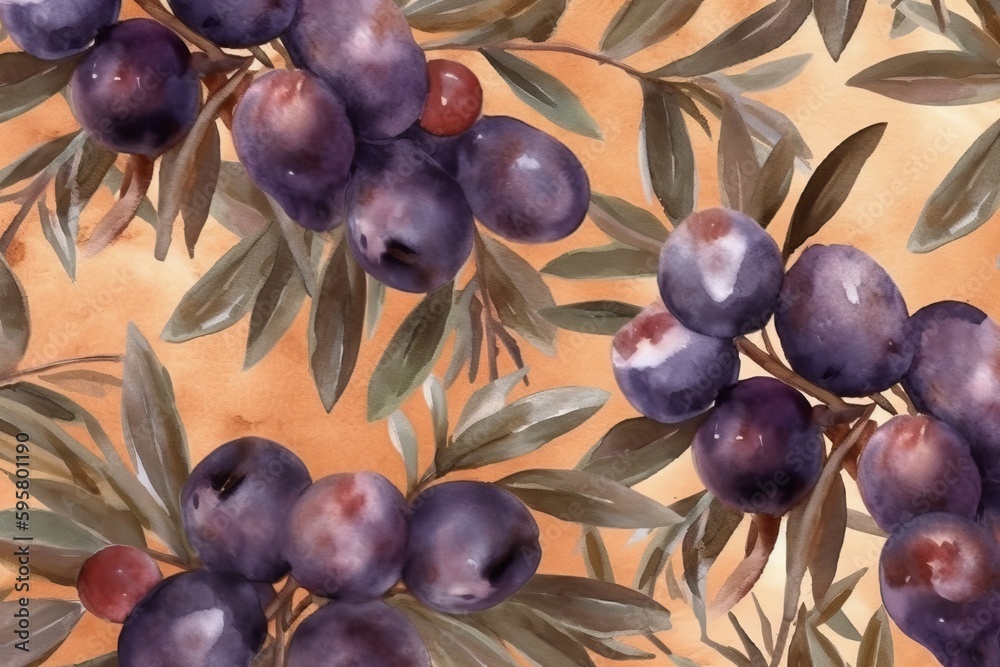 Olives and Leaves Painting on Yellow Background. Generative AI