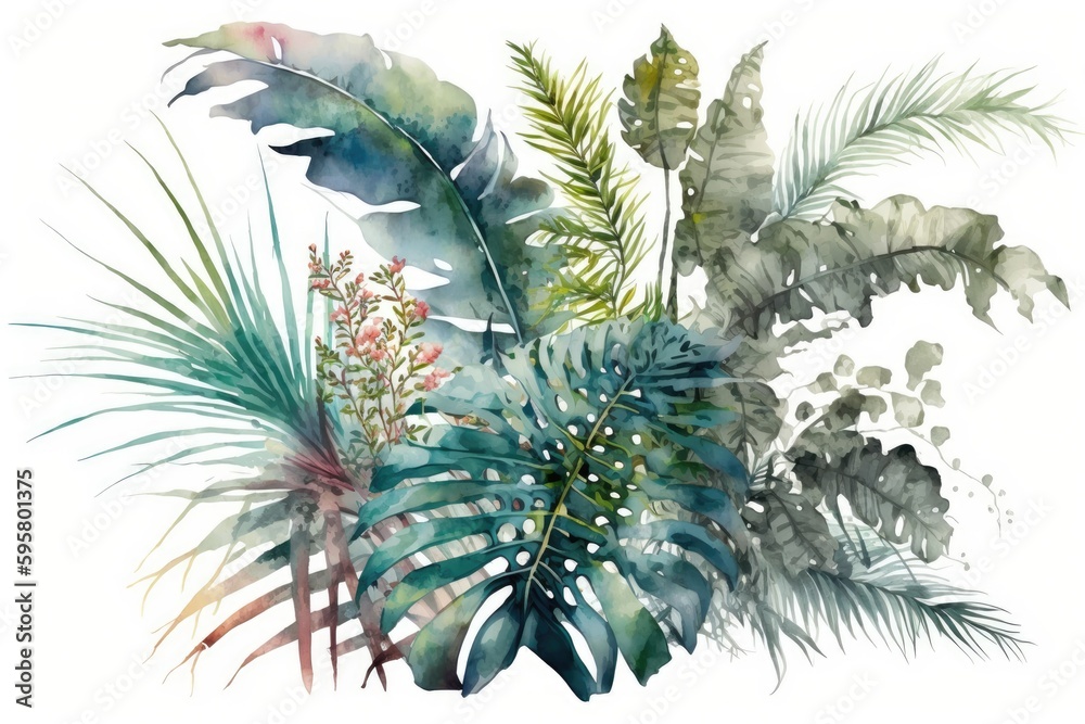 lush tropical foliage and plants in a watercolor painting. Generative AI