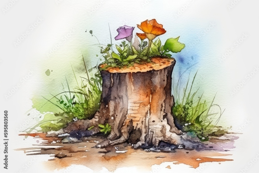 vibrant floral growth emerging from a decaying tree stump. Generative AI