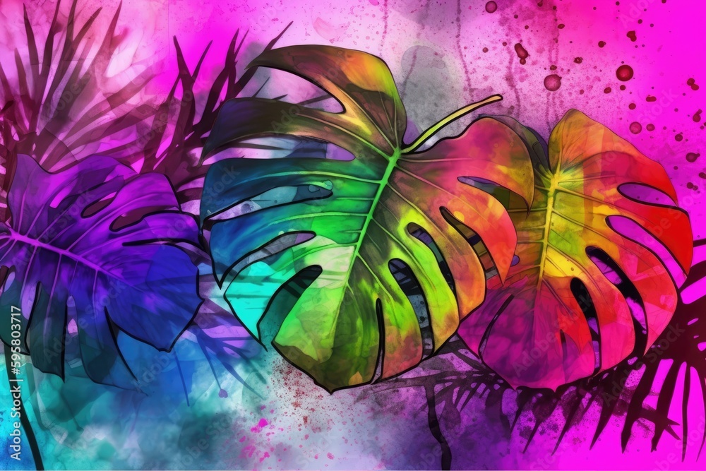 three vibrant tropical leaves in a painting. Generative AI