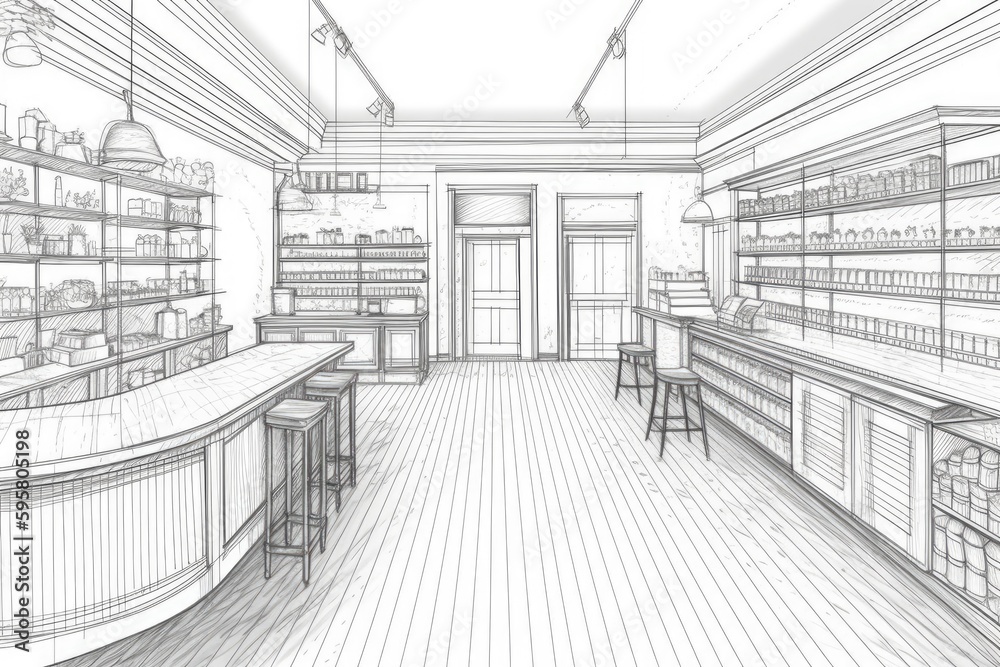 cozy store interior with wooden shelves and stools. Generative AI