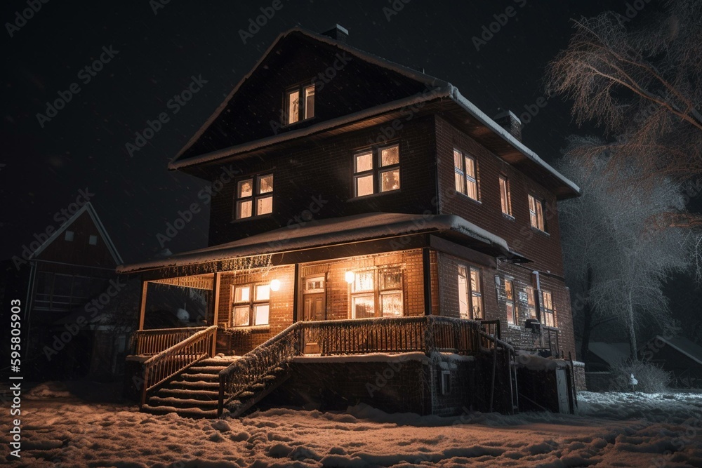 Snowy night house. Generative AI