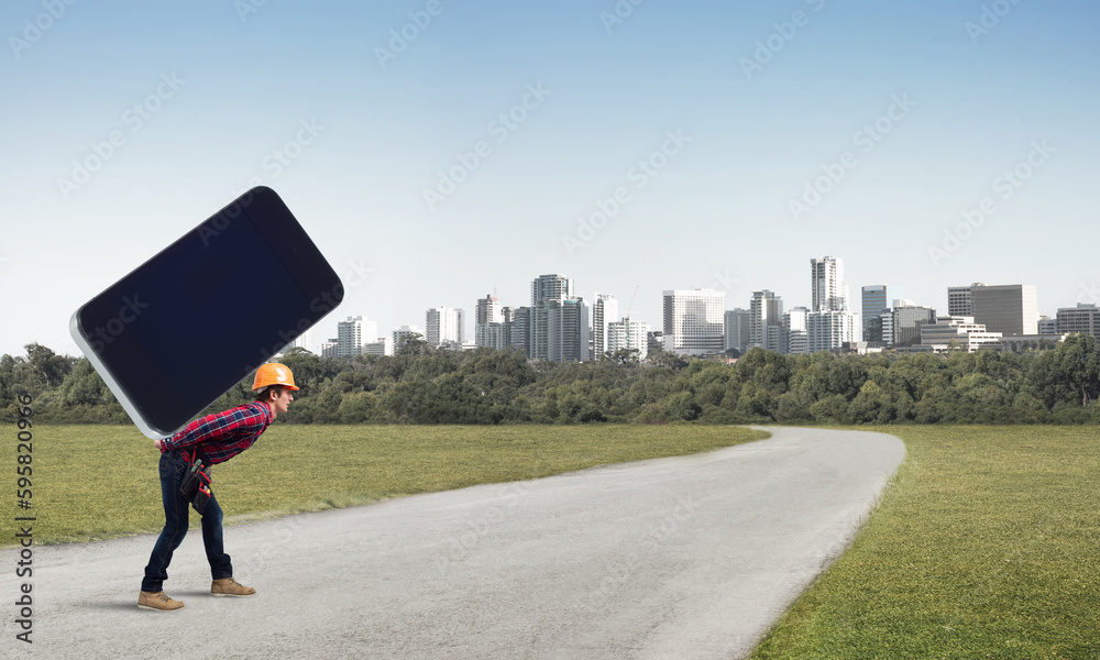 Builder man carry huge smartphone